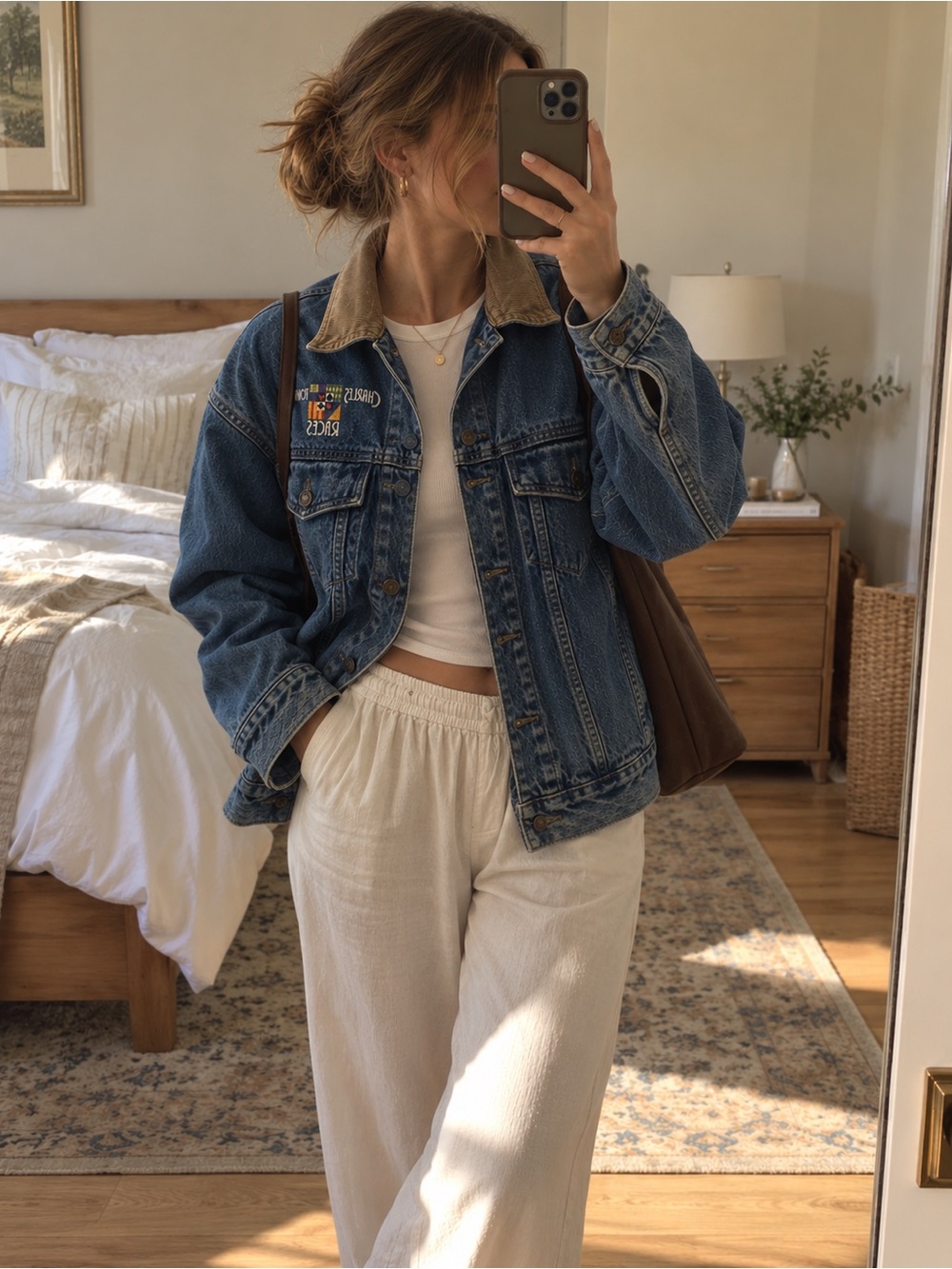 Vintage 1990’s medium blue jean jacket with casino embroidery & corduroy collar